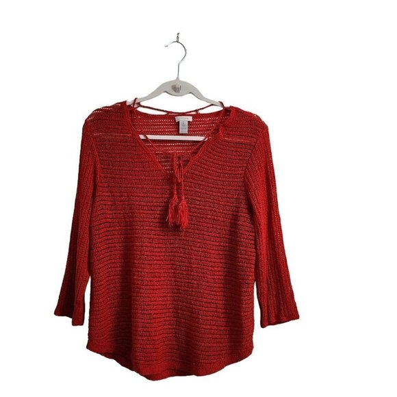 Chicos Sweater Medium Pullover Open Knit Red Tassel Tie Front Size 1 Boho‎ Beach - Picture 1 of 7